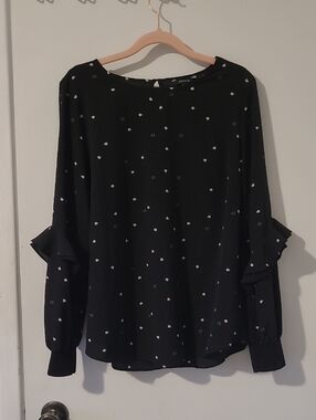 RW&CO. Black Blouse with White Heart Dot Print and Ruffle Sleeves